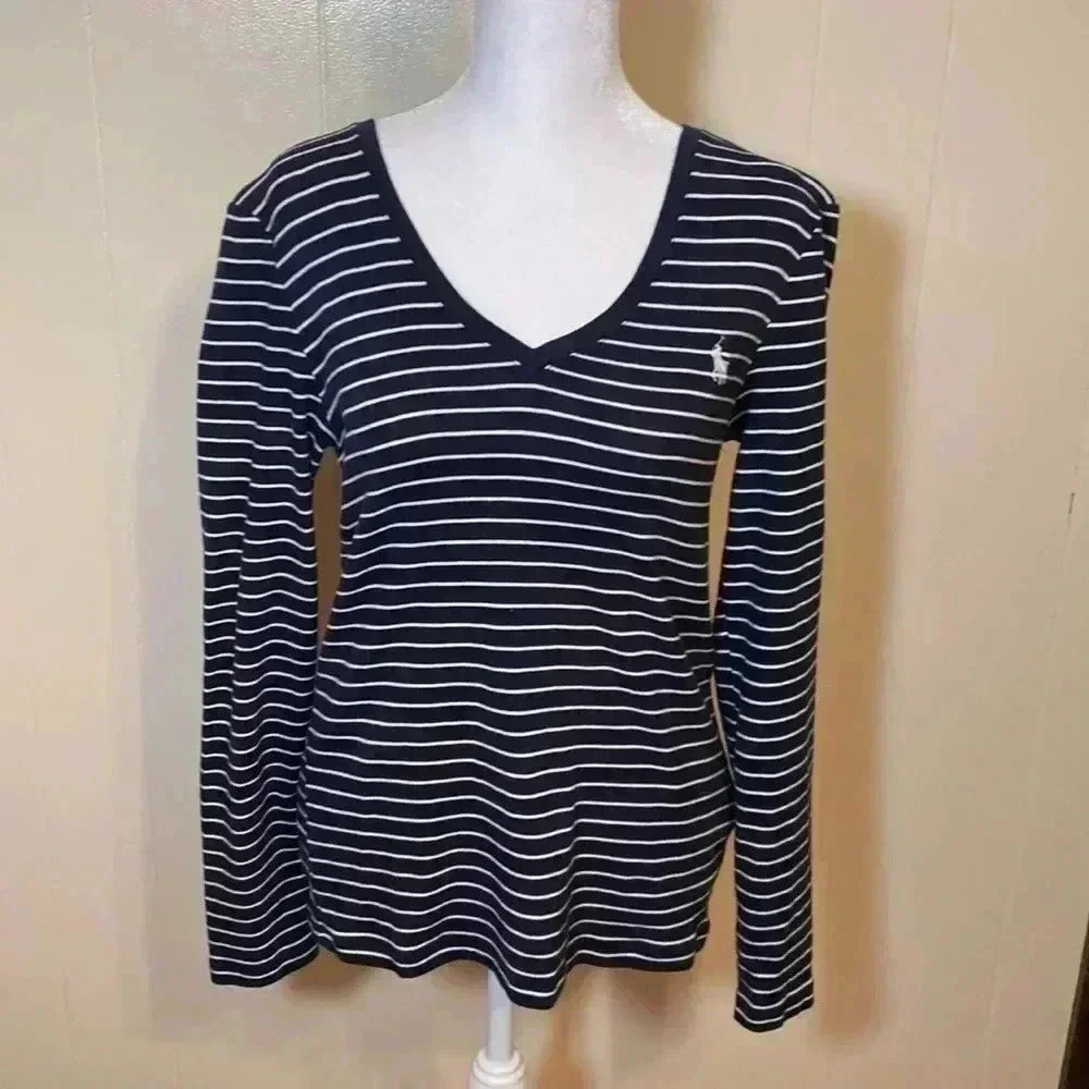 Ralph Lauren Navy Blue & White Stripe V Neck Long Sleeve Shirt in Size Small.